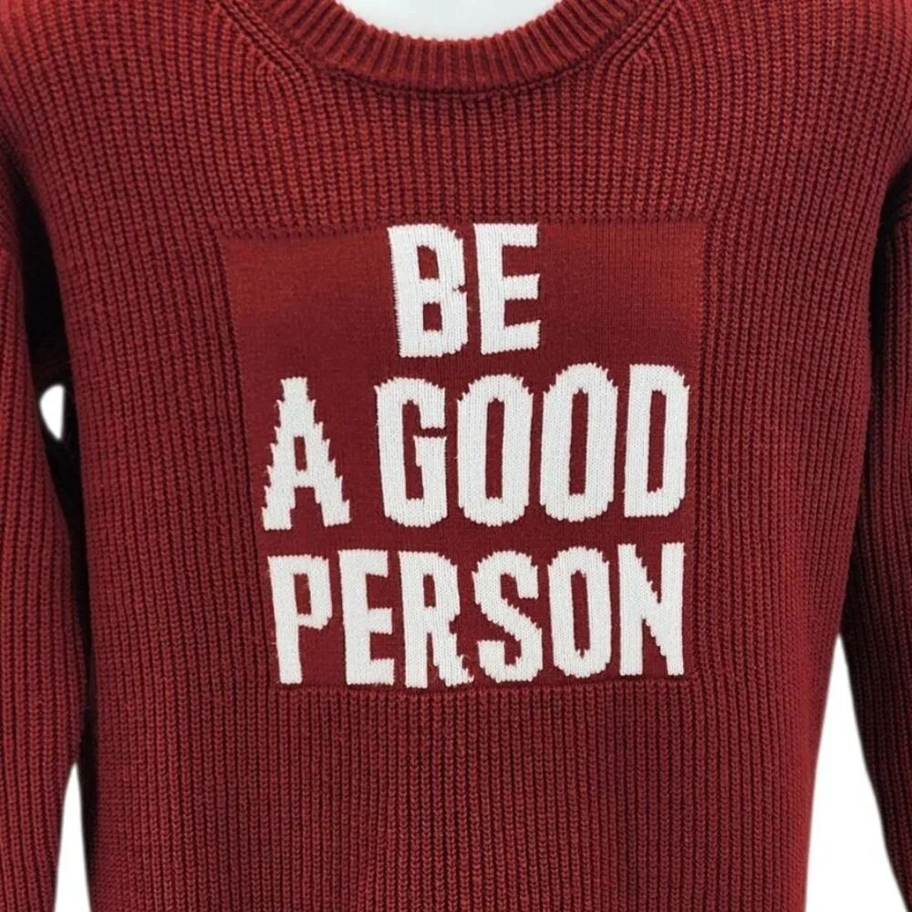 Be A Good Person Mens Small Sweater Spell Out Red White Knit Crewneck
